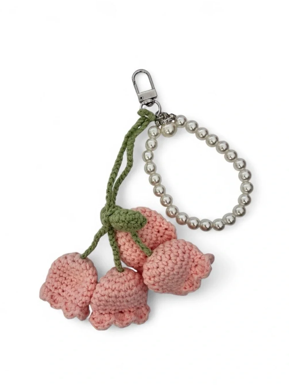 Pink Crochet Cherry Keychain Wristlet with Pearl Beads